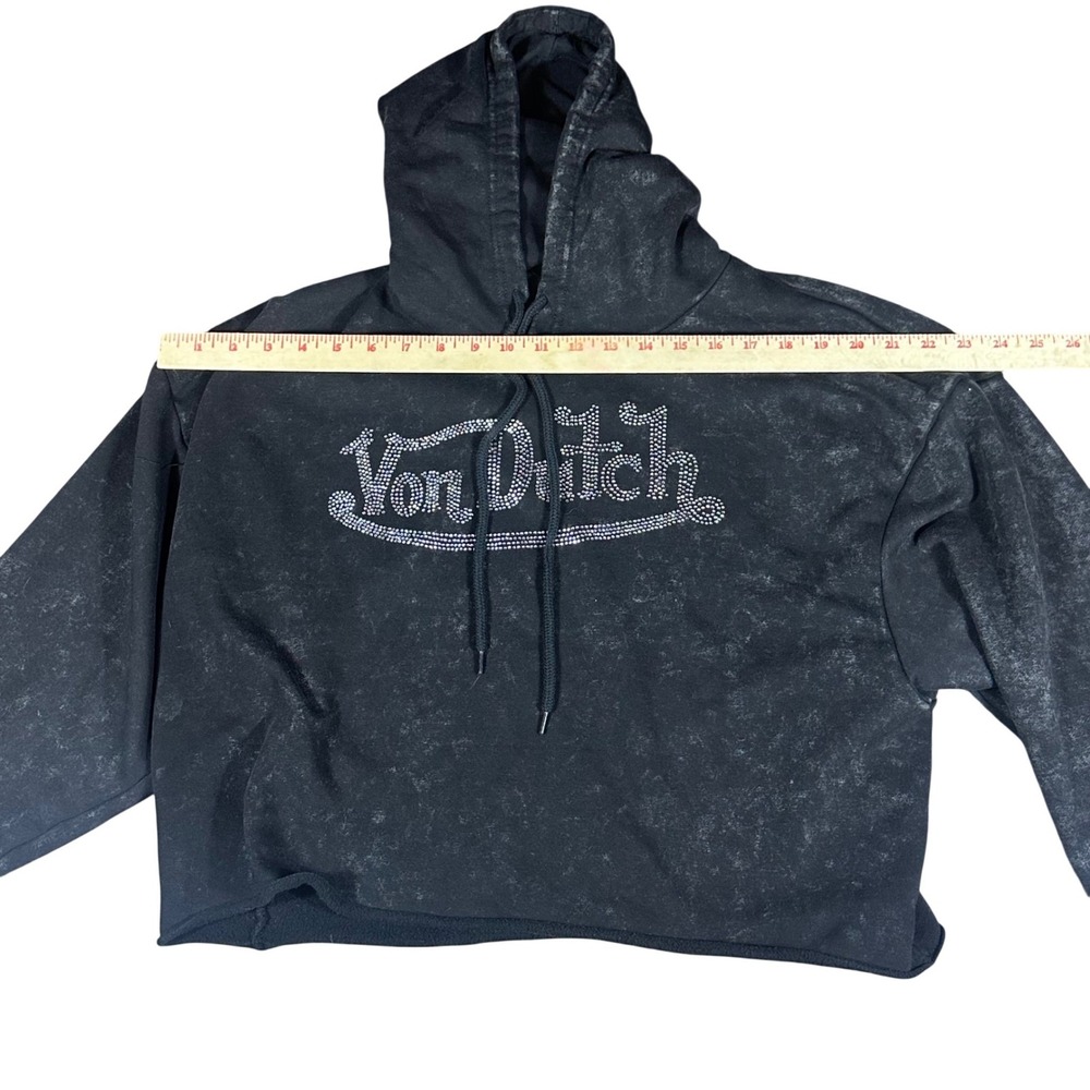 Von Dutch Hoodie Womens Medium Black Acid Wash Rhinestone Logo Cropped Pullover - Picture 6 of 9